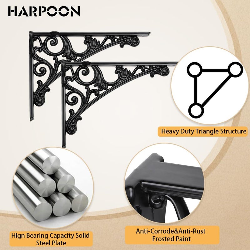 HARPOON 8 Inch Shelf Brackets 2 Pack Heavy Duty Wall Bracket Baroque Kitchen Decorative Rack Shelves Black - Image 1